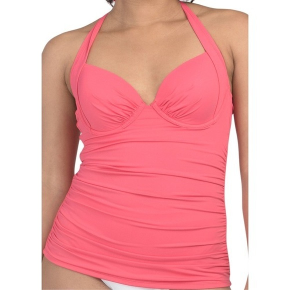 Tommy Bahama Pearl Underwired Tankini Swim Top Coral Pink Ruched Halter Size S
